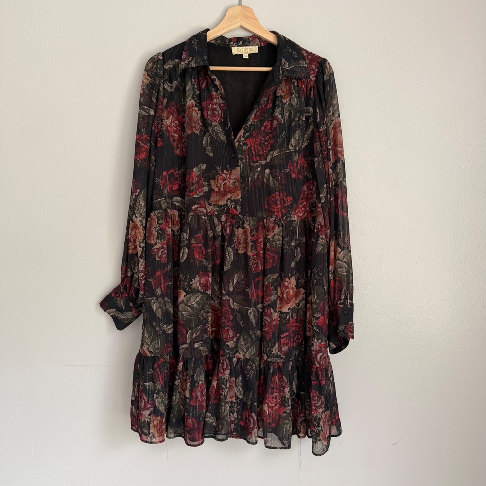 Farmers Market Floral Metallic Tiered Mini Dress Rose Boho M Modest Witchy